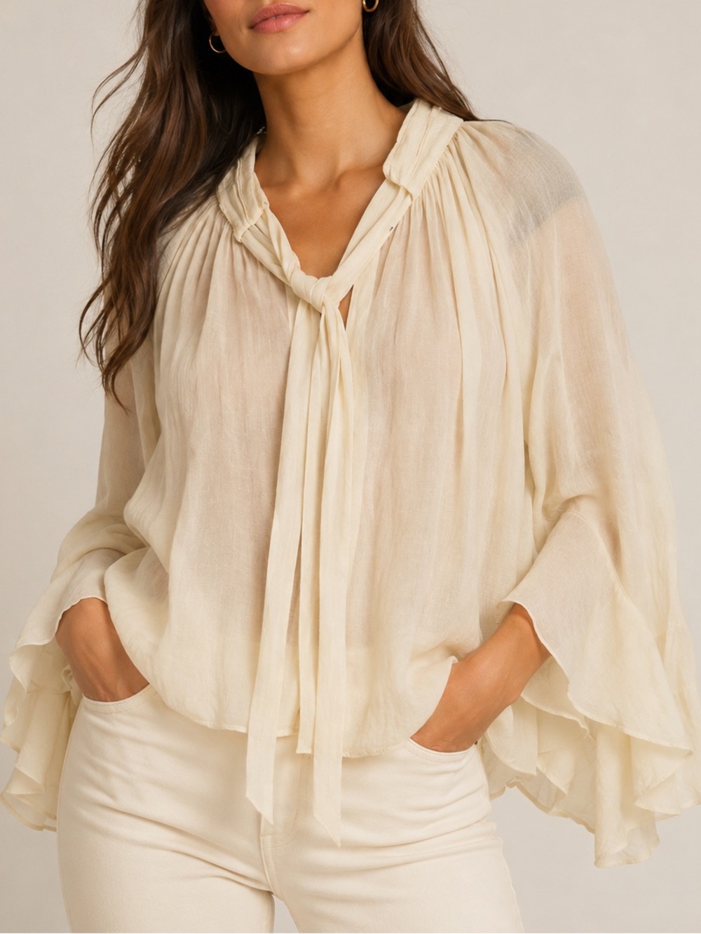 H&M Edition Flowy Tie-Neck Blouse Size S/M Cream Romantic Bell Sleeves Feminine